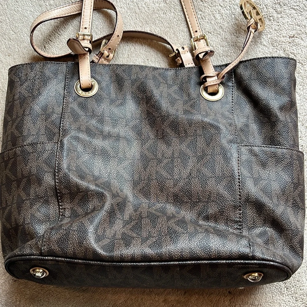 MICHAEL Michael Kors Brown Logo Tote with Pale Pink Leather Straps